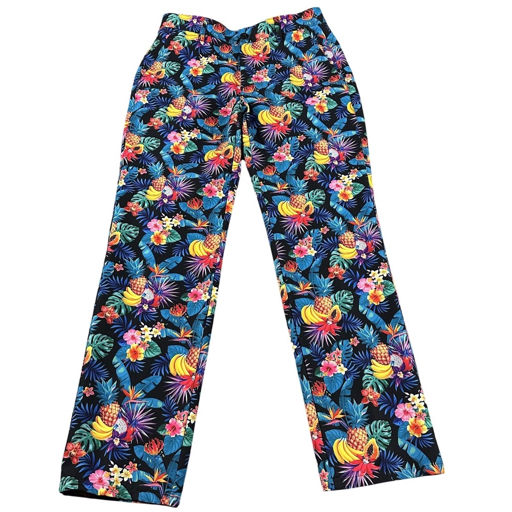 Hreski Pants Mens XL Black Tropical Fruit Floral Print Golf Stretch Polyester